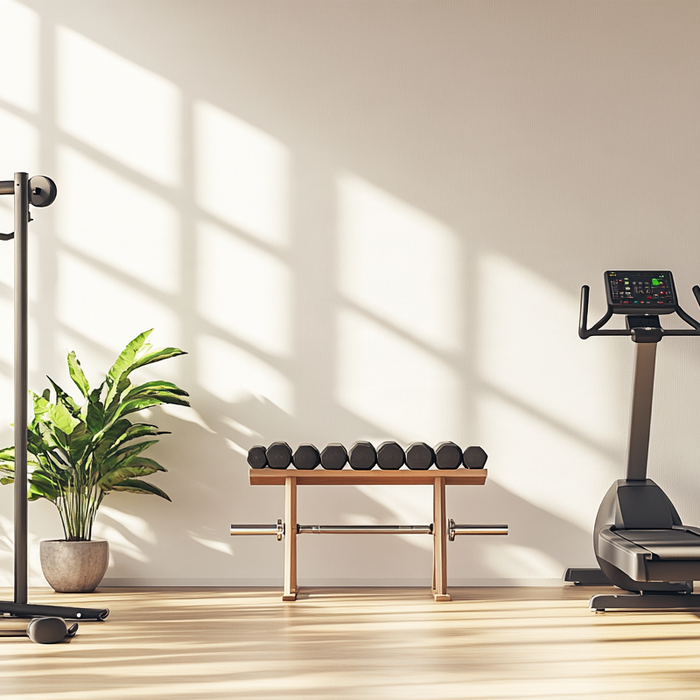 Two home gym equipment groupings, a rack-and-bench setup and a treadmill-and-bench setup