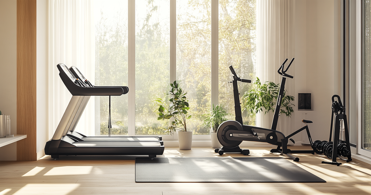 Treadmill, stationary bike, and rowing machine in a bright home gym
