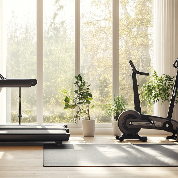 Treadmill, stationary bike, and rowing machine in a bright home gym