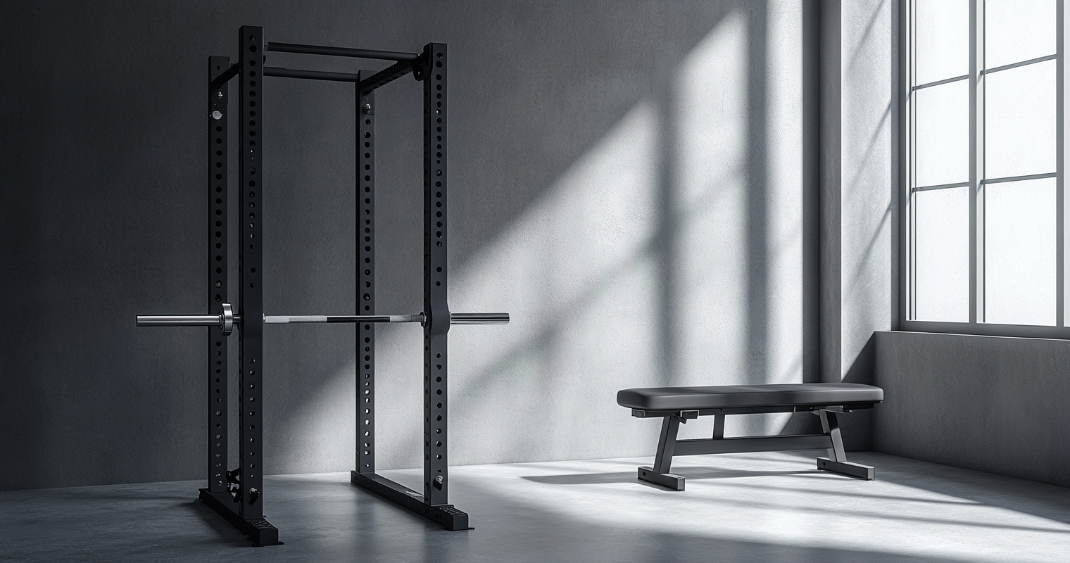 Power squat rack and adjustable weight bench in a minimalist home gym