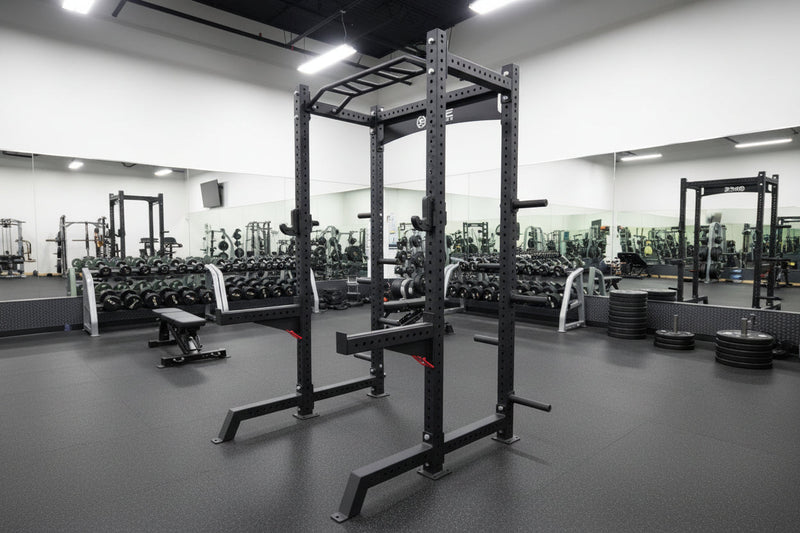 Commercial Squat Rack w/ Safety Bars, J-Hooks & Weight Storage (New)